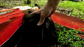 Bound anal bug crawls mud for rough outdoor domination spanking