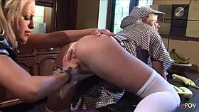 Lesbian Sherlock's big fake tits and tongue fuck maid with bananas