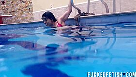 damn, that sexy young brunette's ass bounces wild by the pool!