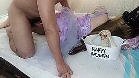 Busty Asian amateur cosplays sexy witch for first intense anal penetration