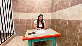 Curvy ebony student sneaks a deep blowjob to professor in empty classroom