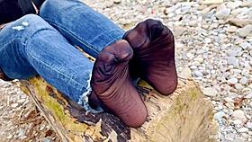 Intense nylon feet tease in jeans outdoor fetish compilation