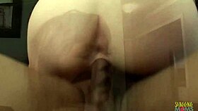 caucasian brunette in boots bends over kitchen for big black cock doggystyle pounding and facial