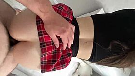 college cutie in skirt gives pov blowjob then rough doggystyle creampie