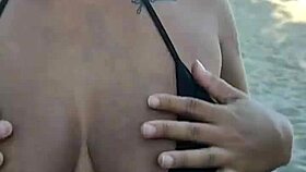 gostosa wife bends over public beach for hubby blowjob and facial cumshot