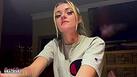 petite inked blonde gags sloppy on cock with passionate deepthroat