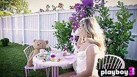 Big ass blonde milf flashes pussy outdoors posing sexy