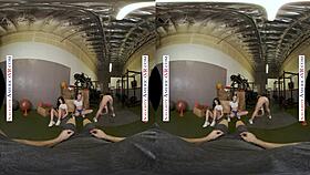 kyler and paige team up to suck and fuck gym stud hard