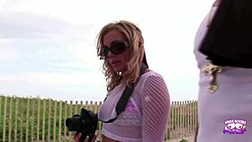 a naughty blonde with pierced nipples bends over bed for deepthroat cowgirl banging and group fun