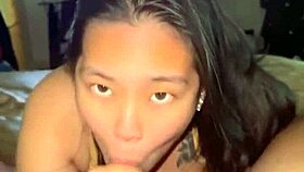 Asian babe starts day with sloppy blowjob handjob huge swallow