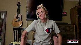 petite inked blonde gags sloppy on cock with passionate deepthroat