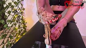 Sloppy Brunette Sucks Chocolate off Feet in Deepthroat Humiliation