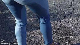 wetting her jeans on a bare foot hike