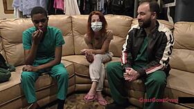nurse stacy shepard tries on latex gloves
