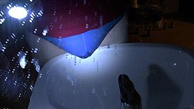 peeing those blue underpants right over the sink!