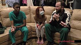 nurse stacy shepard tries on latex gloves