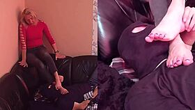 a hot blonde milf lets her feet get worshipped on sofa