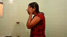 indian woman bathes sharing milk in bathroom scene