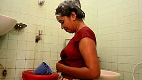 indian woman bathes sharing milk in bathroom scene