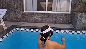 latina milf shows off by the pool