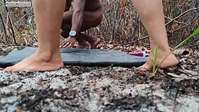 Sexy curvy brunette caught fucking neighbor deep in the woods anal style