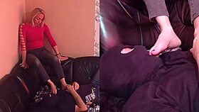 a hot blonde milf lets her feet get worshipped on sofa