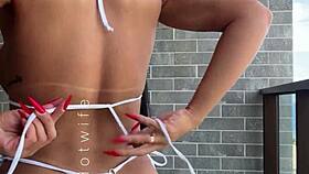 Brazilian Wife Prostitute Flashes Big Pussy Tits in See-Through Bikini Outdoor Public Tease Fuck