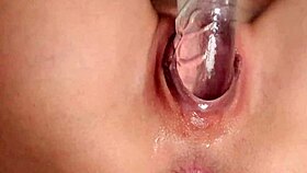 Juicy Pussy Lips Gripped by Huge Dildo Close-Up Larajuicy