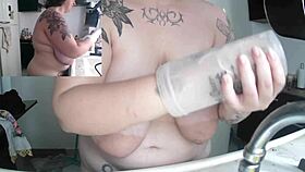 Brazilian BBW housewife flashes huge saggy tits while naked in kitchen
