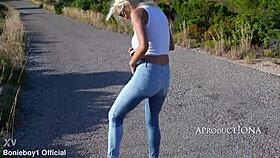 wetting her jeans on a bare foot hike