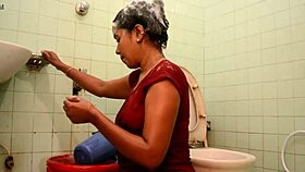 indian woman bathes sharing milk in bathroom scene