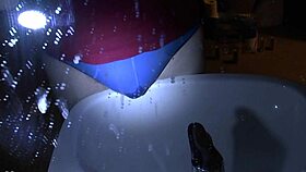 peeing those blue underpants right over the sink!