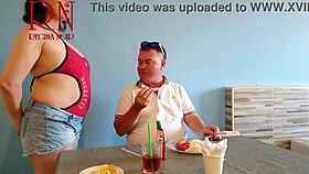 naked waitress restaurant guest eats from the waitresss navel c2teaser