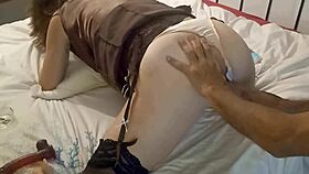 Clothed white satin panty french slut gets fucked doggystyle with ass licking