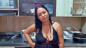 Horny latina reaches squirting orgasm in the kitchen