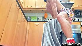 big dick masturbation on kitchen counter with massive cumshot
