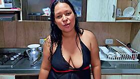 Horny latina reaches squirting orgasm in the kitchen
