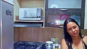 Horny latina reaches squirting orgasm in the kitchen