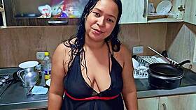 Horny latina reaches squirting orgasm in the kitchen