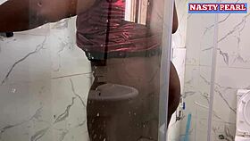 ebony housewife fucked by husbands friend behind bathroom door during shower