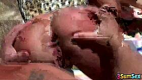 Mature babe takes double dicks outdoors