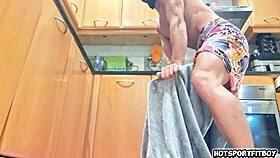 big dick masturbation on kitchen counter with massive cumshot