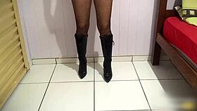 long leather boots footjob ends with cum in pants