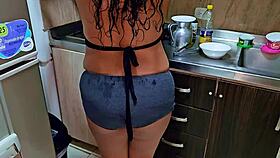 Horny latina reaches squirting orgasm in the kitchen