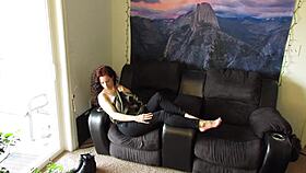 slow strip tease out of sweater and jeans