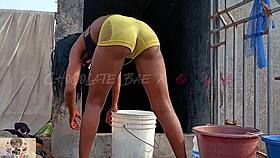 Shaking juicy booty during morning chores