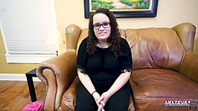 Nerdy busty brunette harper b enjoys sucking a dick and swallowing cum