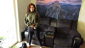 slow strip tease out of sweater and jeans