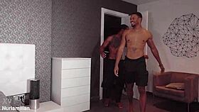 Three horny sluts in sexy bodysuits call two big black cocks for hard fucking