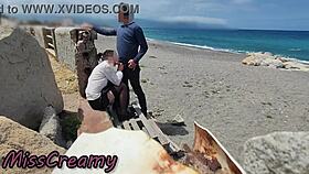 dick flash risky blowjob on beach with stockings